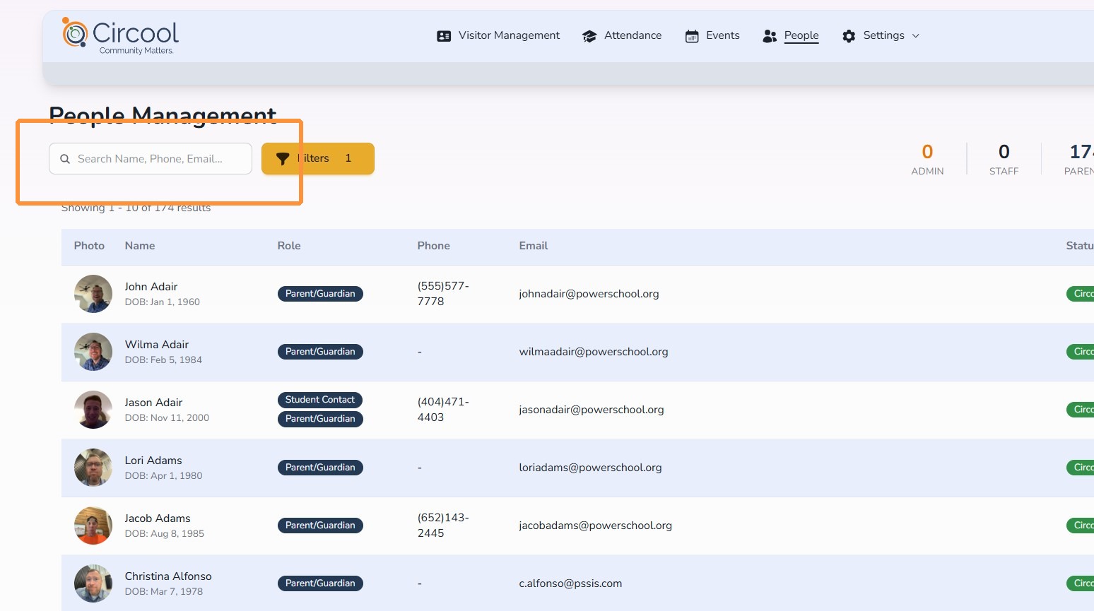 Search for a parent or guardian in People