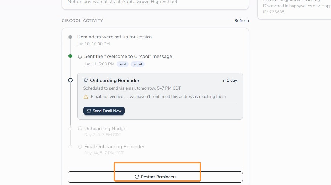 Restart Reminders button in Circool