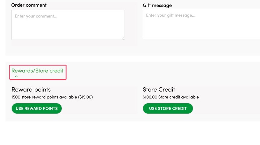 Rewards or Store Credit section