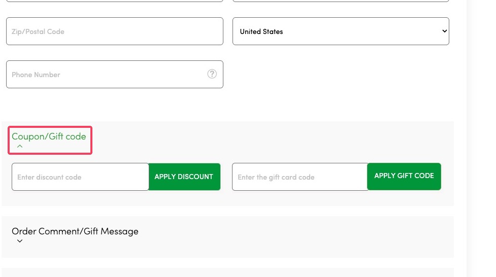 Coupon or Gift Code section