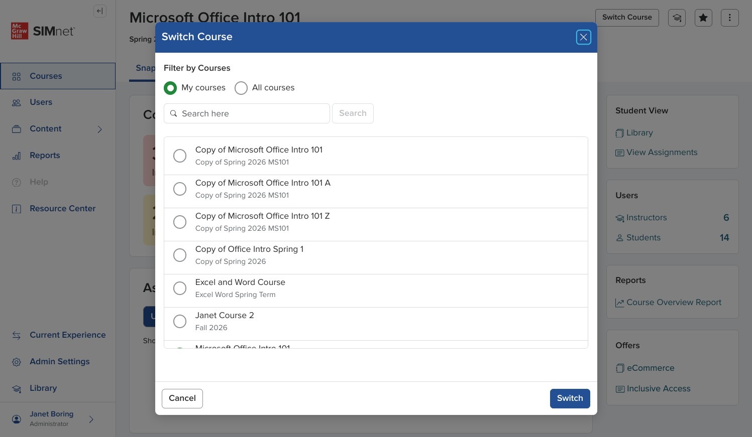 Switch course modal with available courses