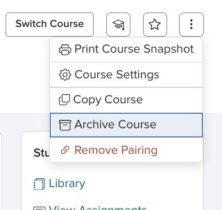 Screenshot of the More Actions menu with the Archive Course option visible