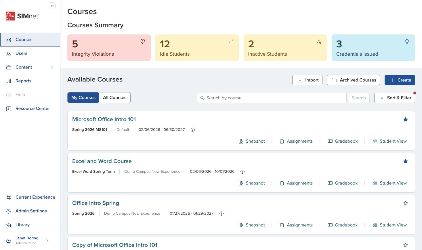 Course card snapshot view with course title and quick links