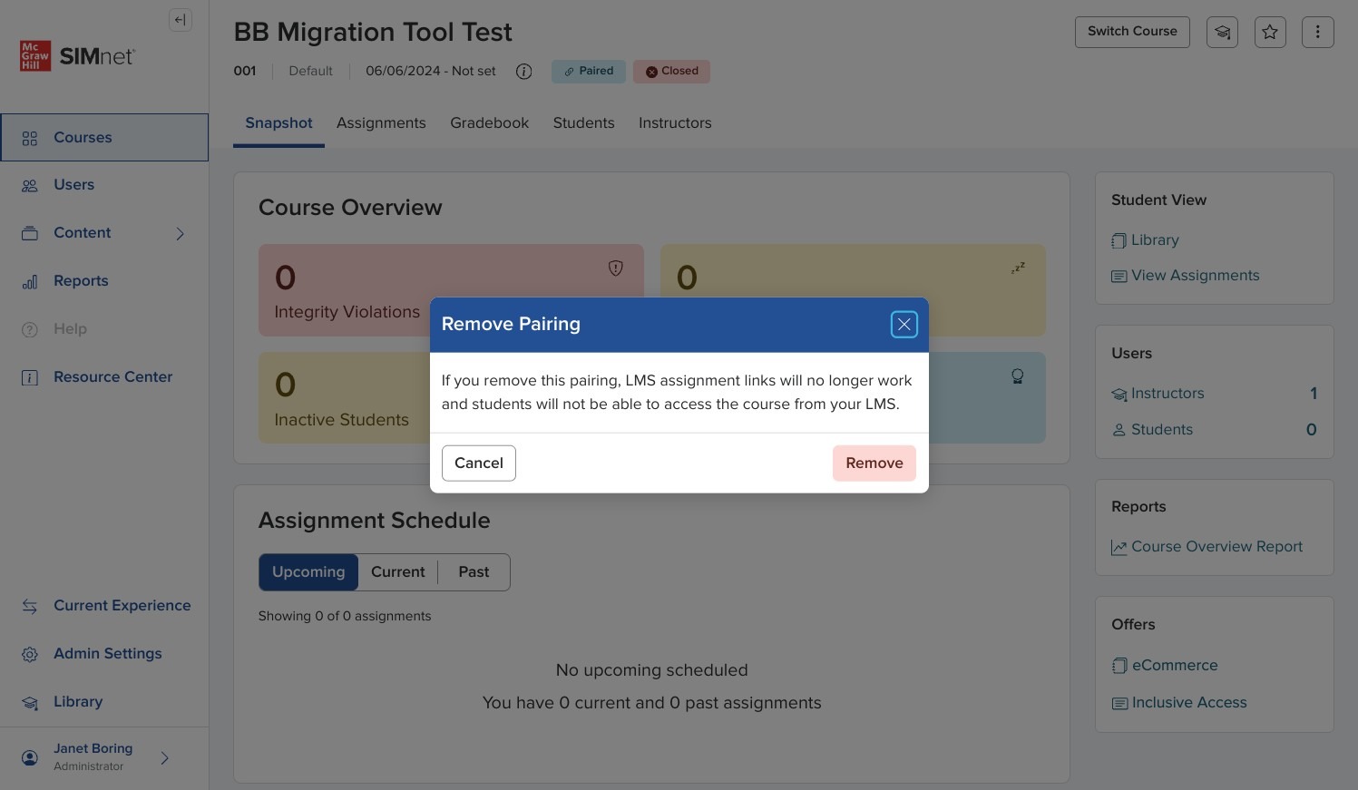 Screenshot of the Remove Pairing confirmation dialog with the Remove button selected