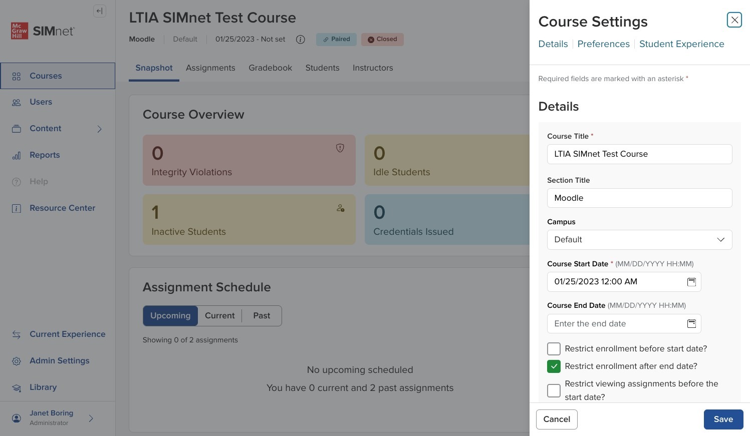 Screenshot of the Course Settings side panel with the Save button in the lower right corner