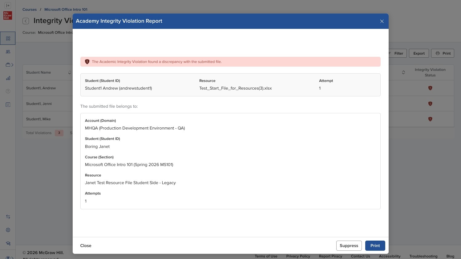 Integrity violation action window with suppression option