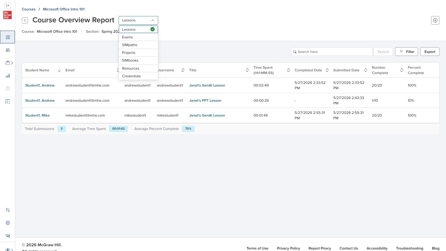 Course Overview Report dropdown with available reports