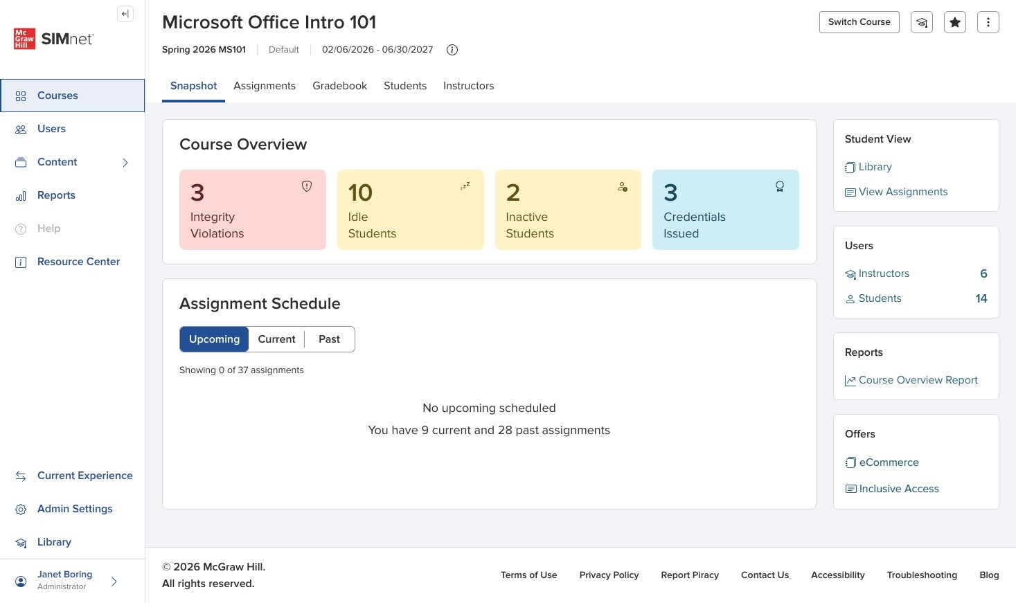 Course Overview widgets for integrity violations, idle students, inactive students, and credentials issued