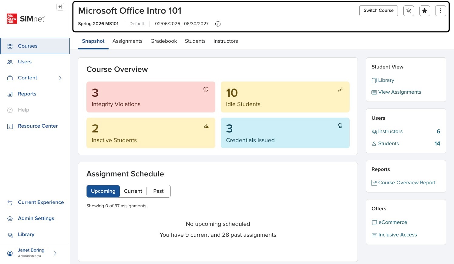 Screenshot of the course header showing the course name, section, campus, available dates, and header action icons