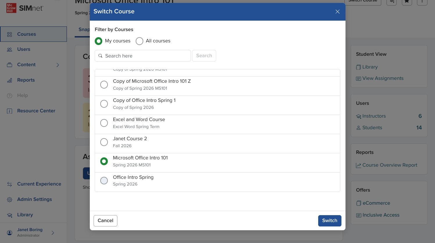 Screenshot of the Switch Course dialog with a course selected and the Switch button highlighted in the lower right