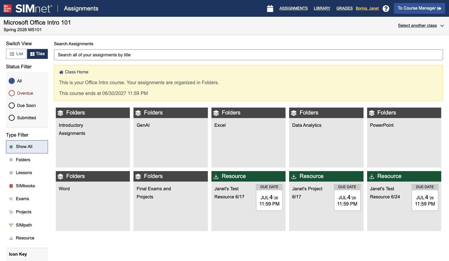 Student assignment list shown in student view