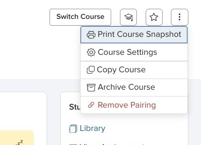Screenshot of the Print Course Snapshot option selected in the dropdown