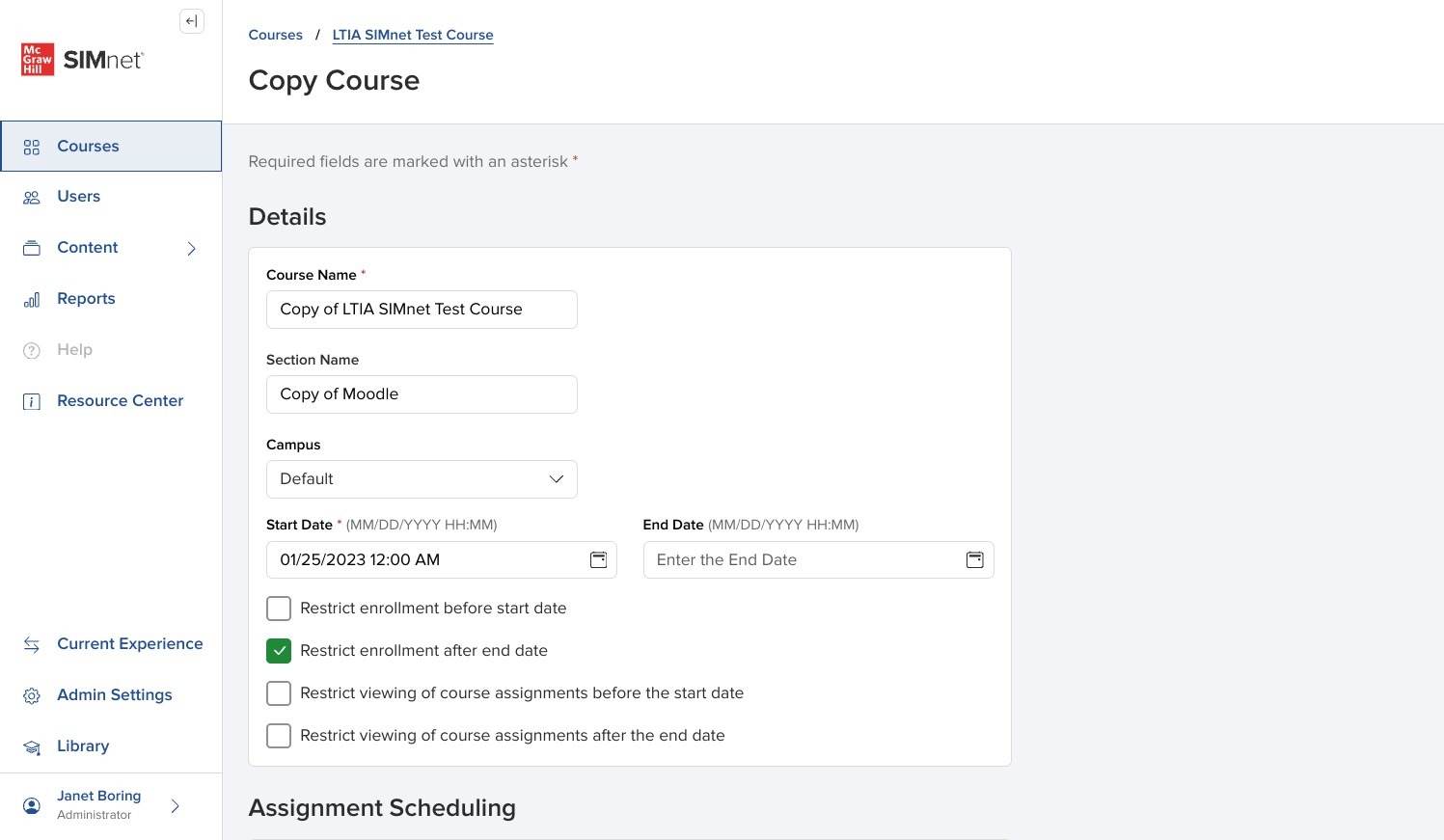 Screenshot of the Copy Course dialog used to create a new course from the current course