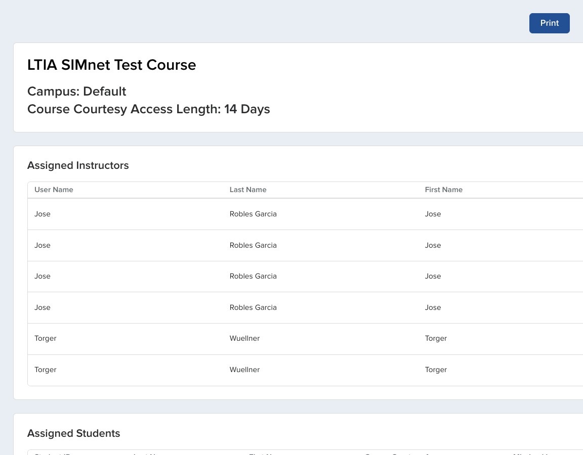 Screenshot of the print preview window with the Print button available for the Course Snapshot