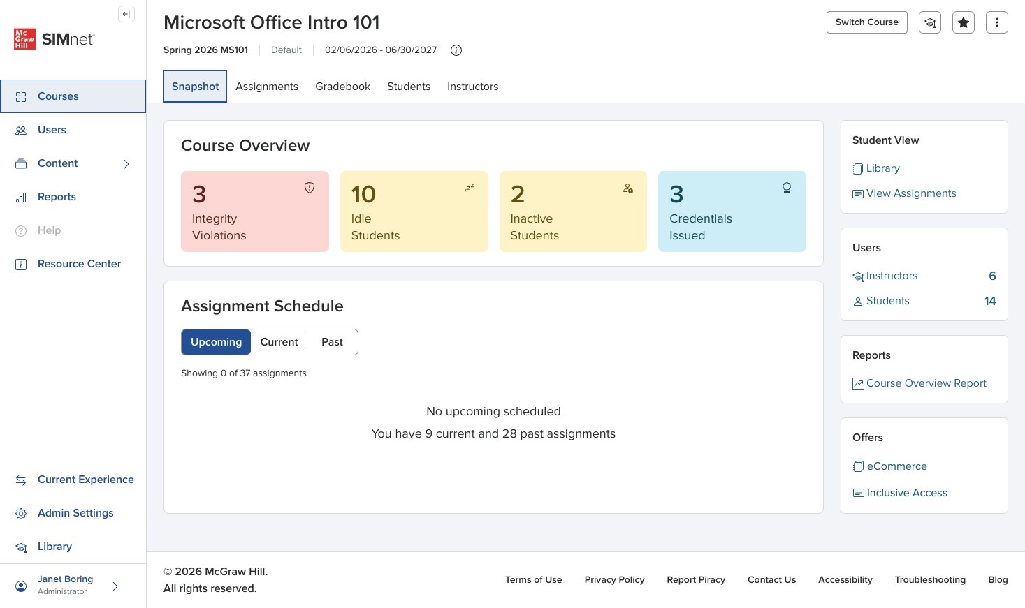 Course Snapshot page header with Snapshot, Assignments, Gradebook, Students, and Instructors tabs