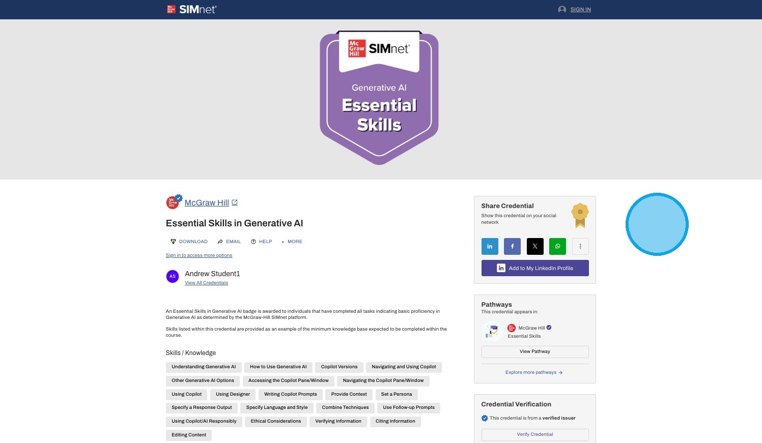 Credential badge and certificate with covered skills
