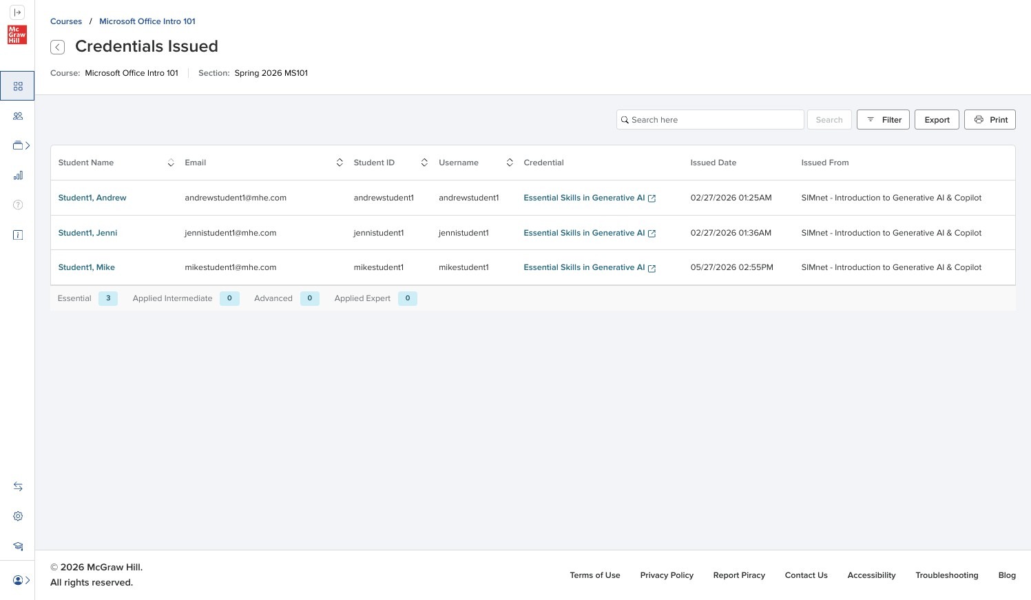 Credentials Issued report showing earned credentials and issue dates