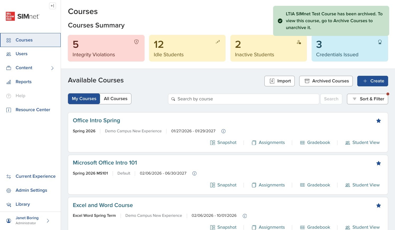 Screenshot of the confirmation message shown after archiving the course