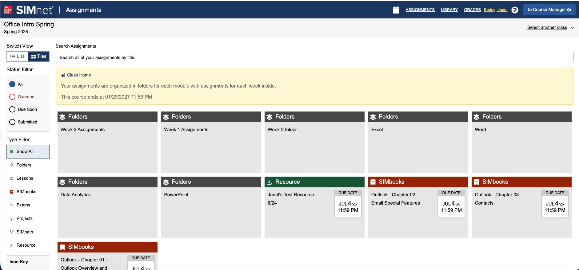 Screenshot of the student assignment view for the selected course