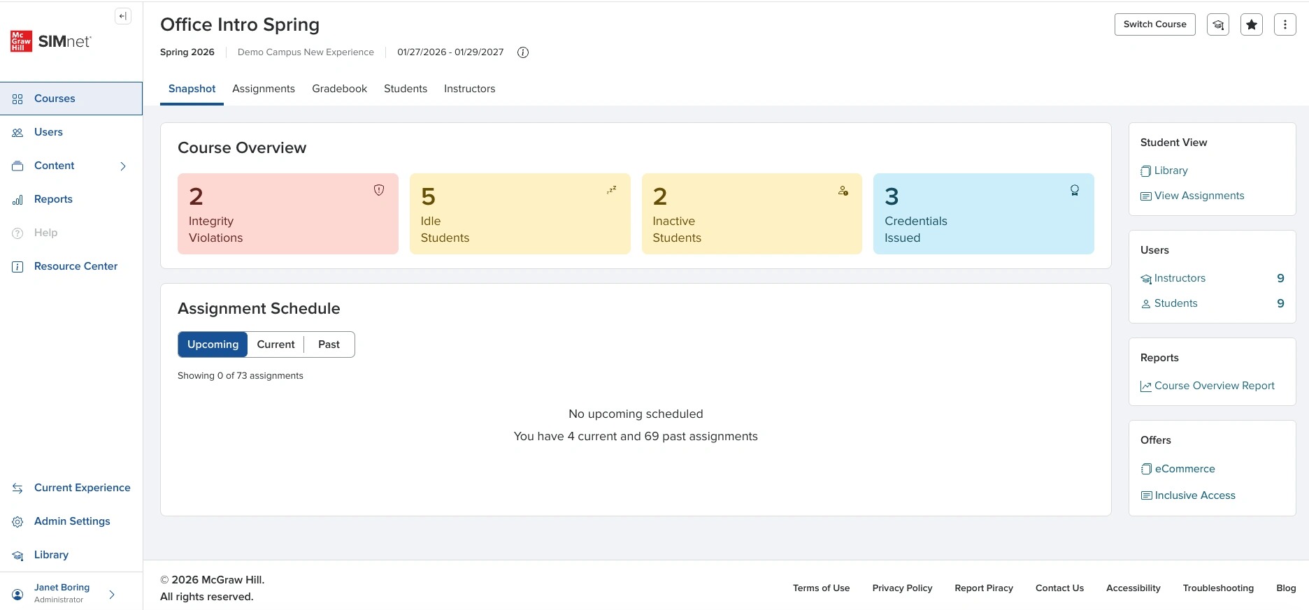 Screenshot of the destination course page after switching from the previous course