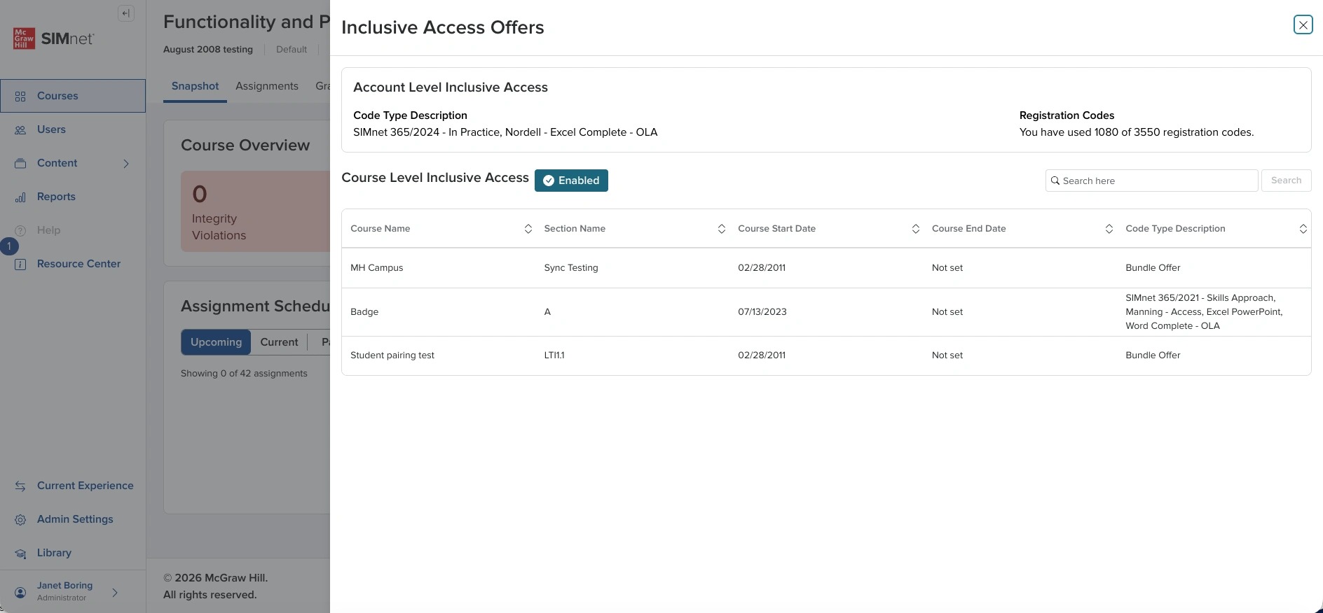 Inclusive Access offers page for the course