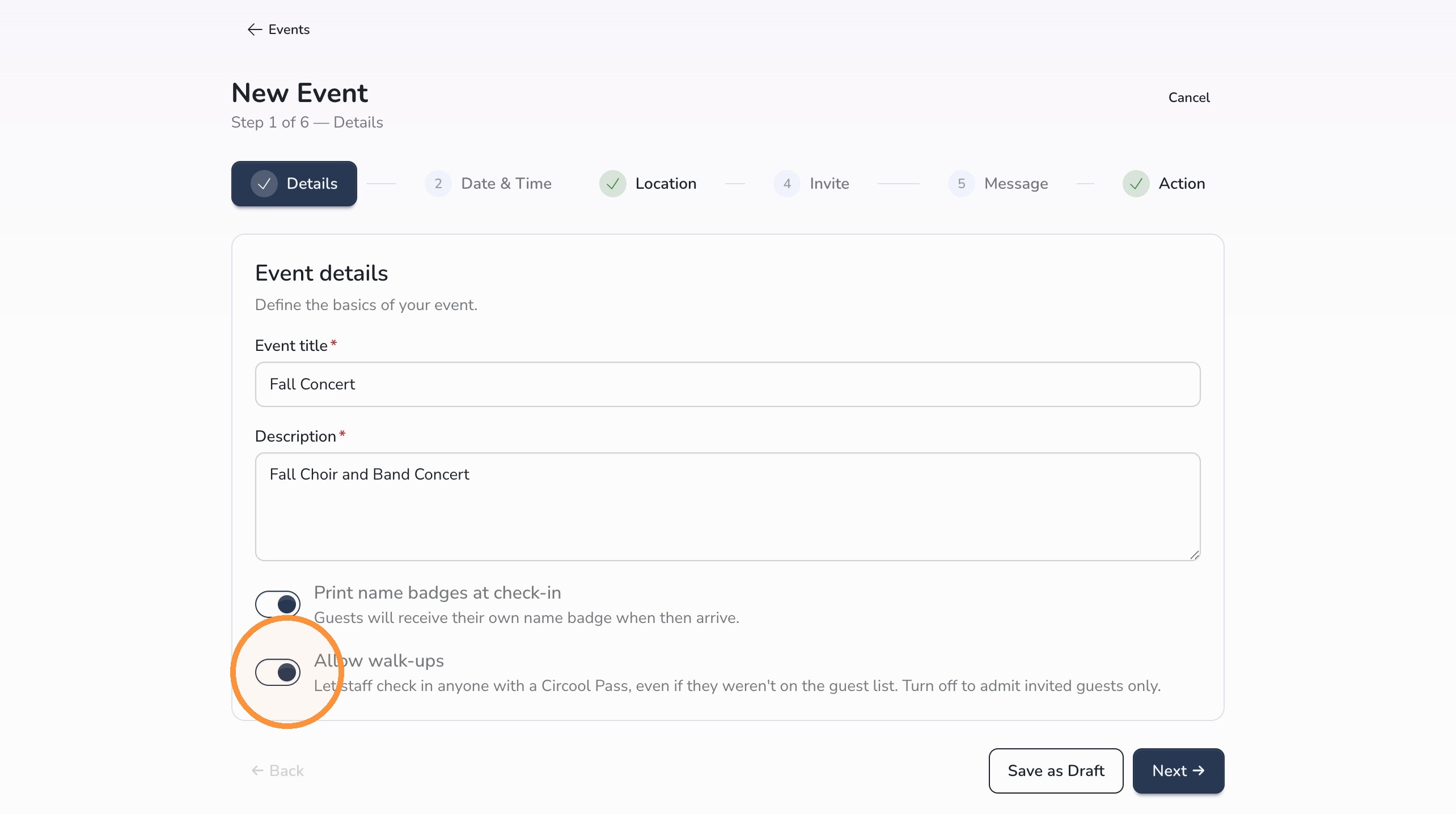 Continue event setup in Circool