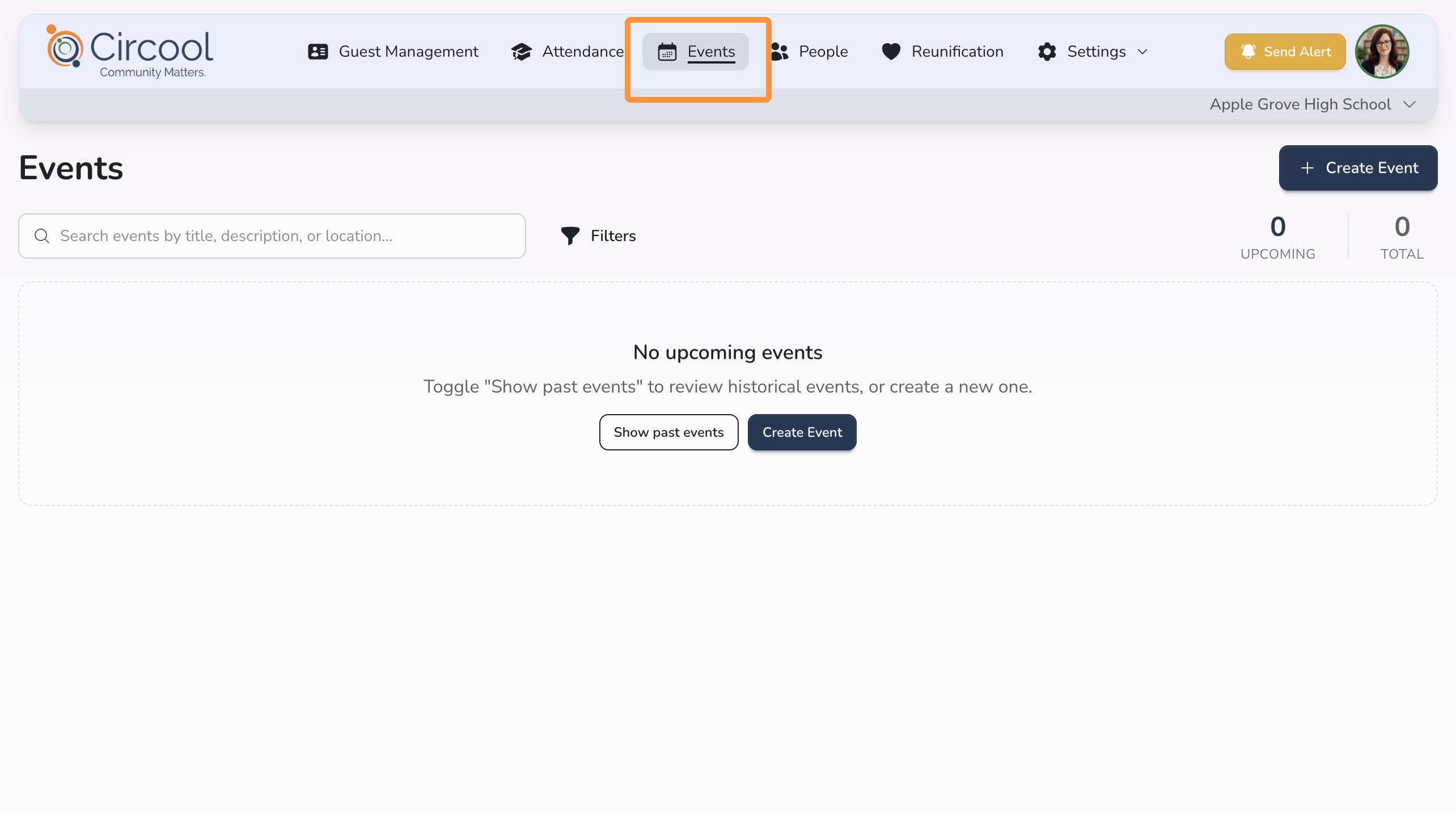 Events page in Circool