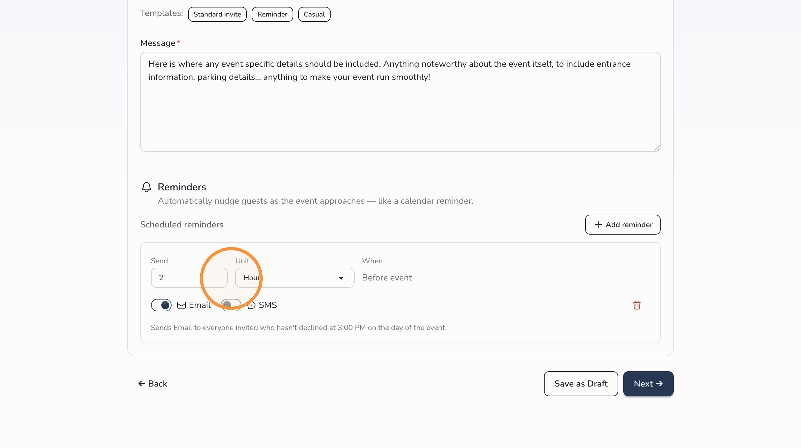 Email and text reminder options for Circool Events