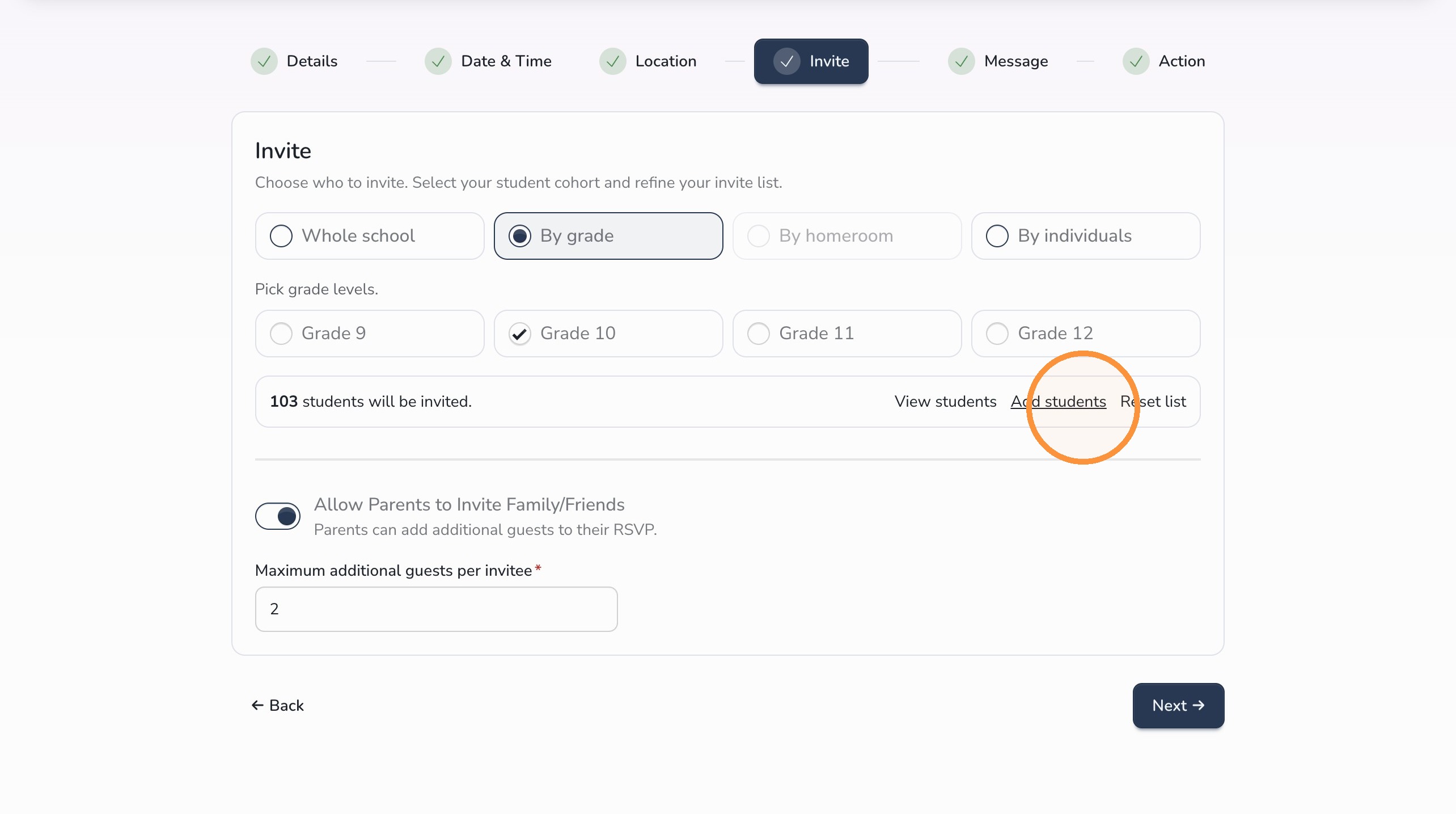 Add students to event invitation list in Circool
