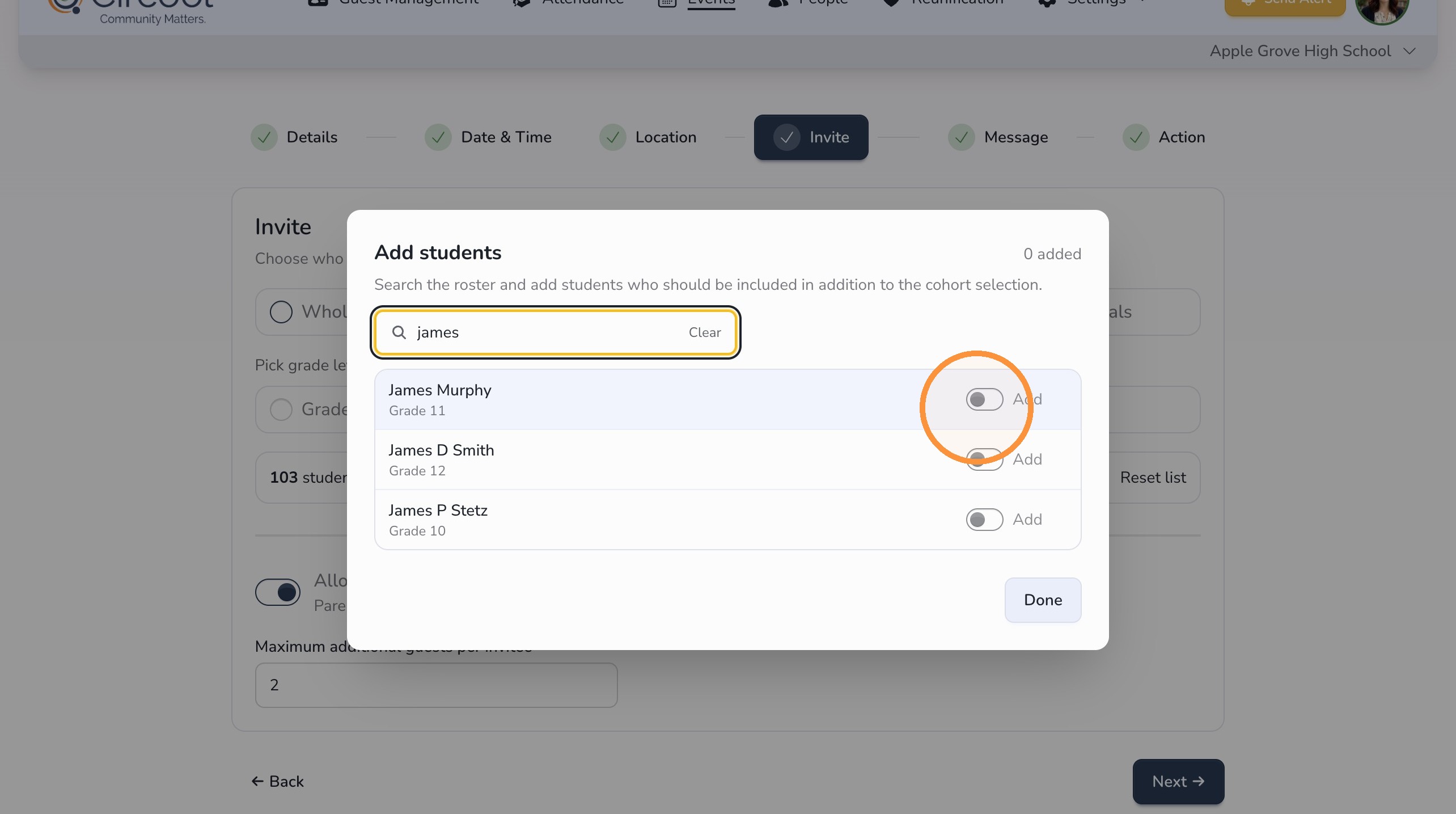 Search student by name for event invitation list in Circool