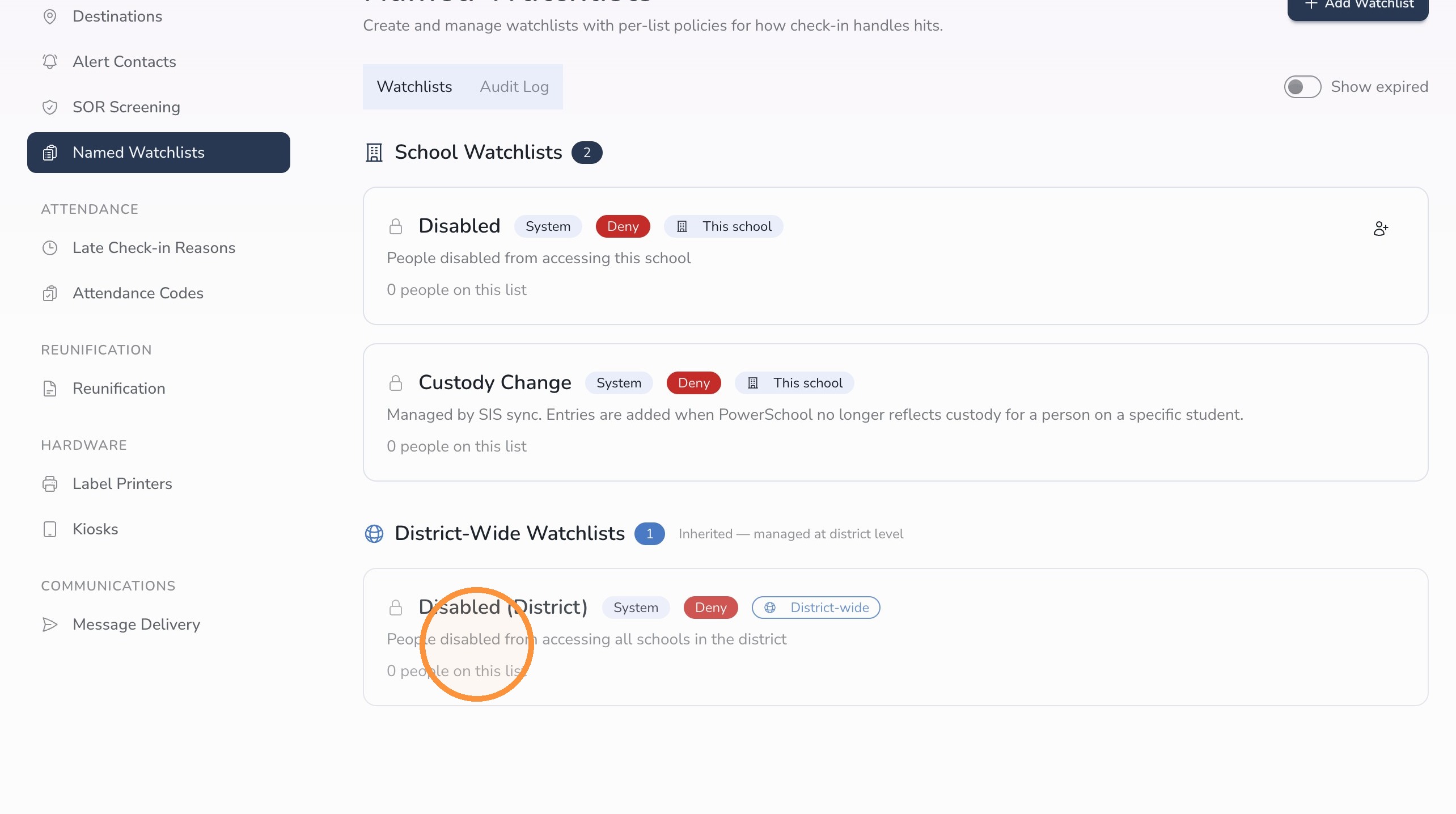 Watchlist configuration options in Circool