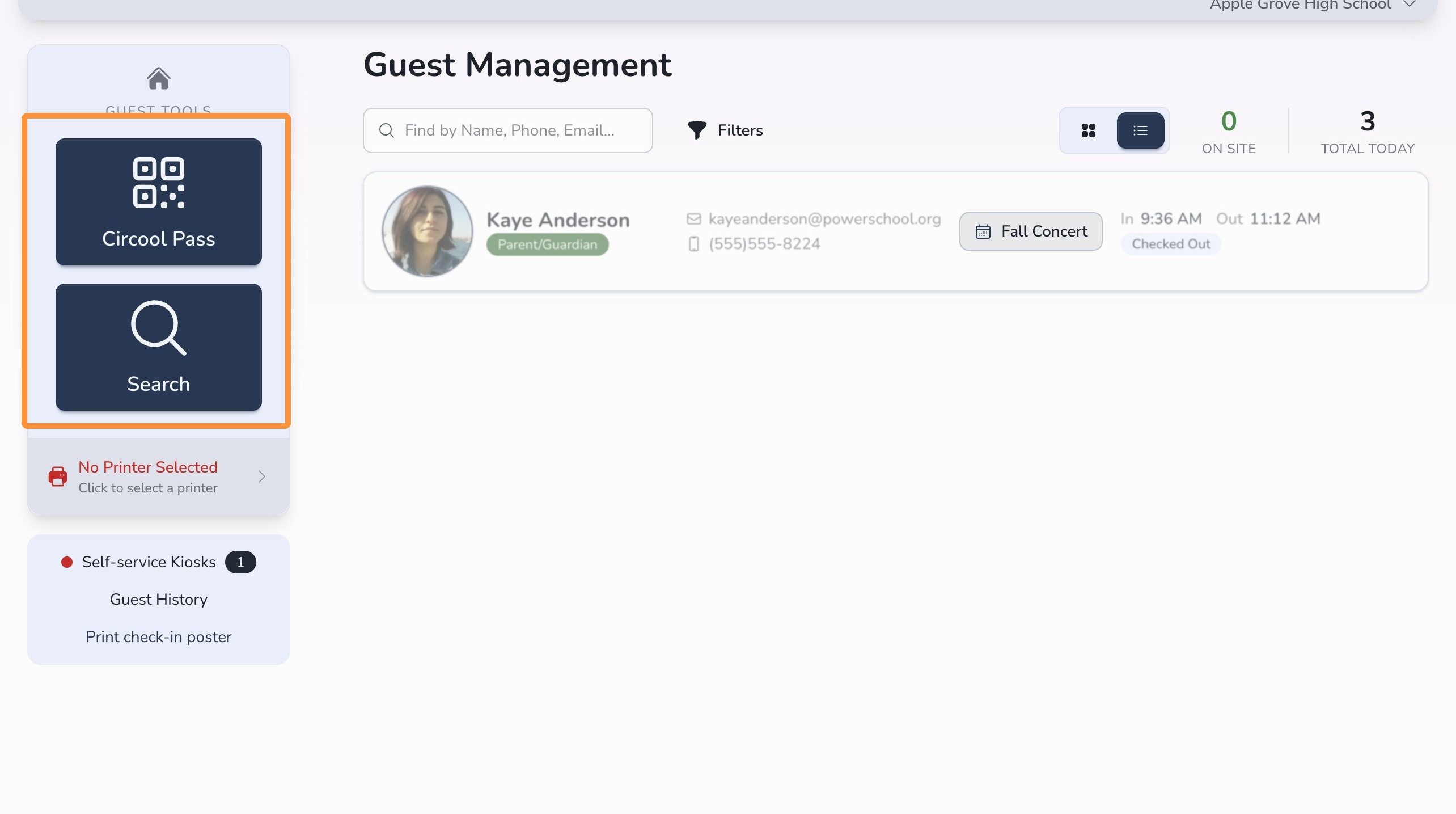 Circool Pass and Search buttons in Guest Management