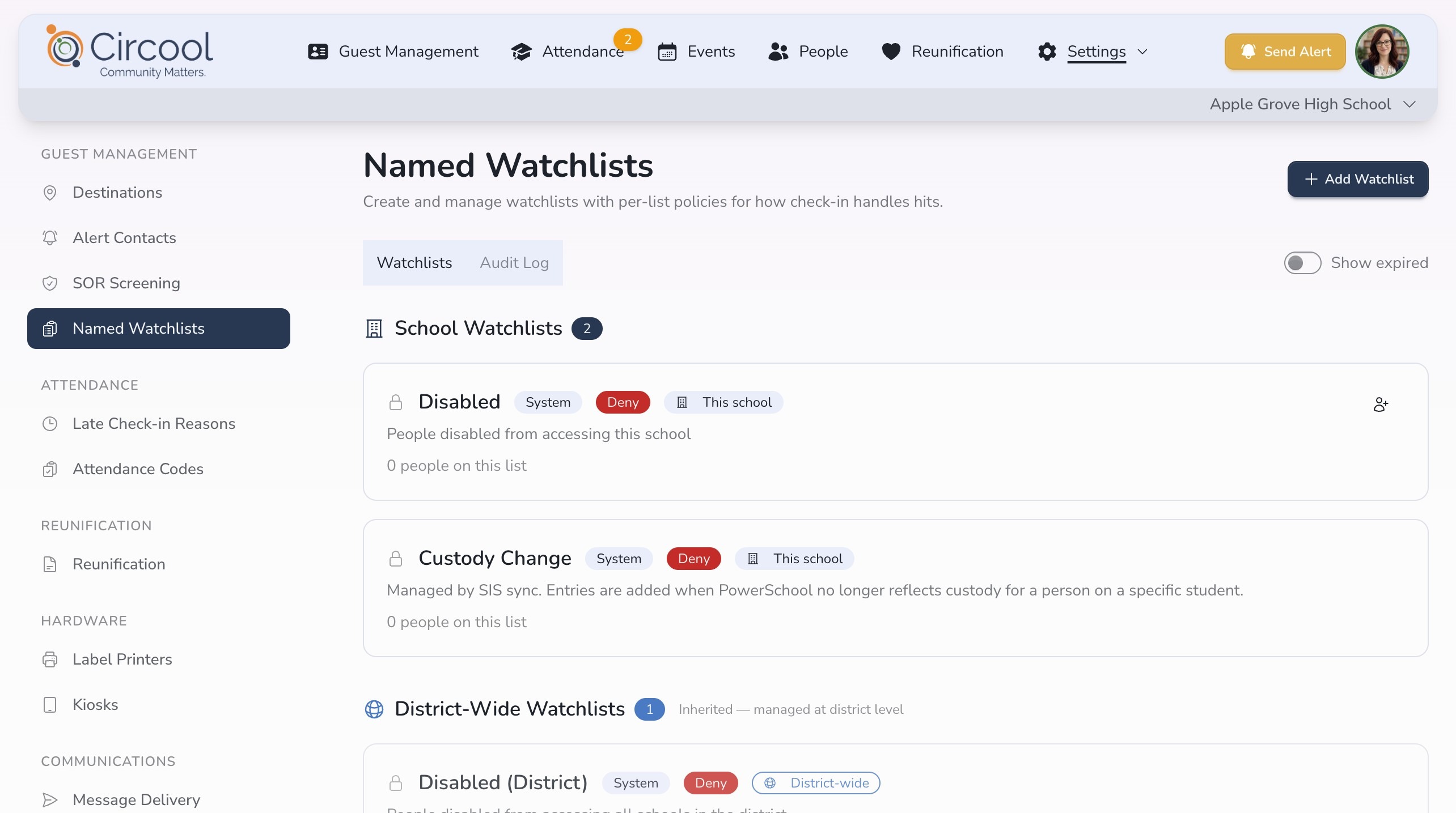 Open Named Watchlists in Circool settings