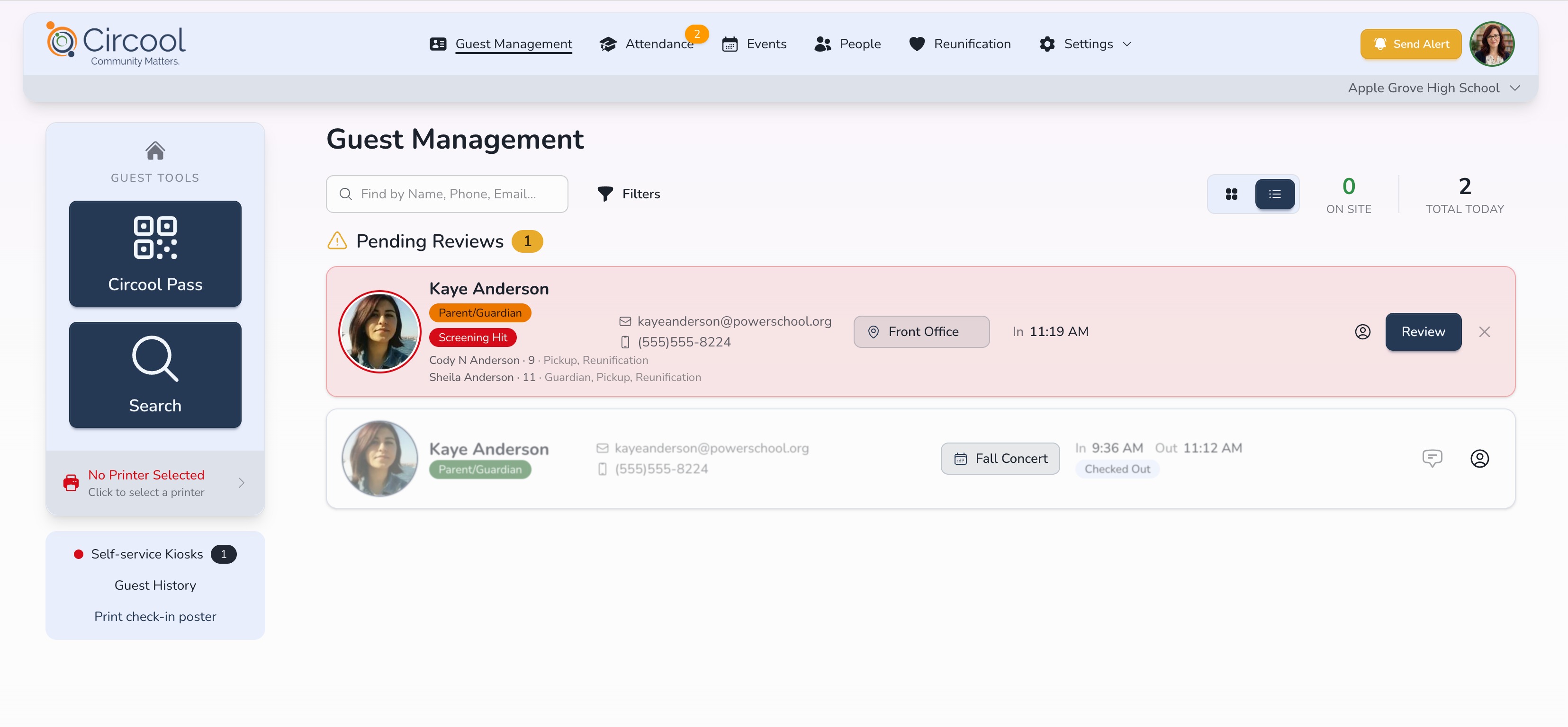 Pending Review Watchlist check-in on Guest Management dashboard