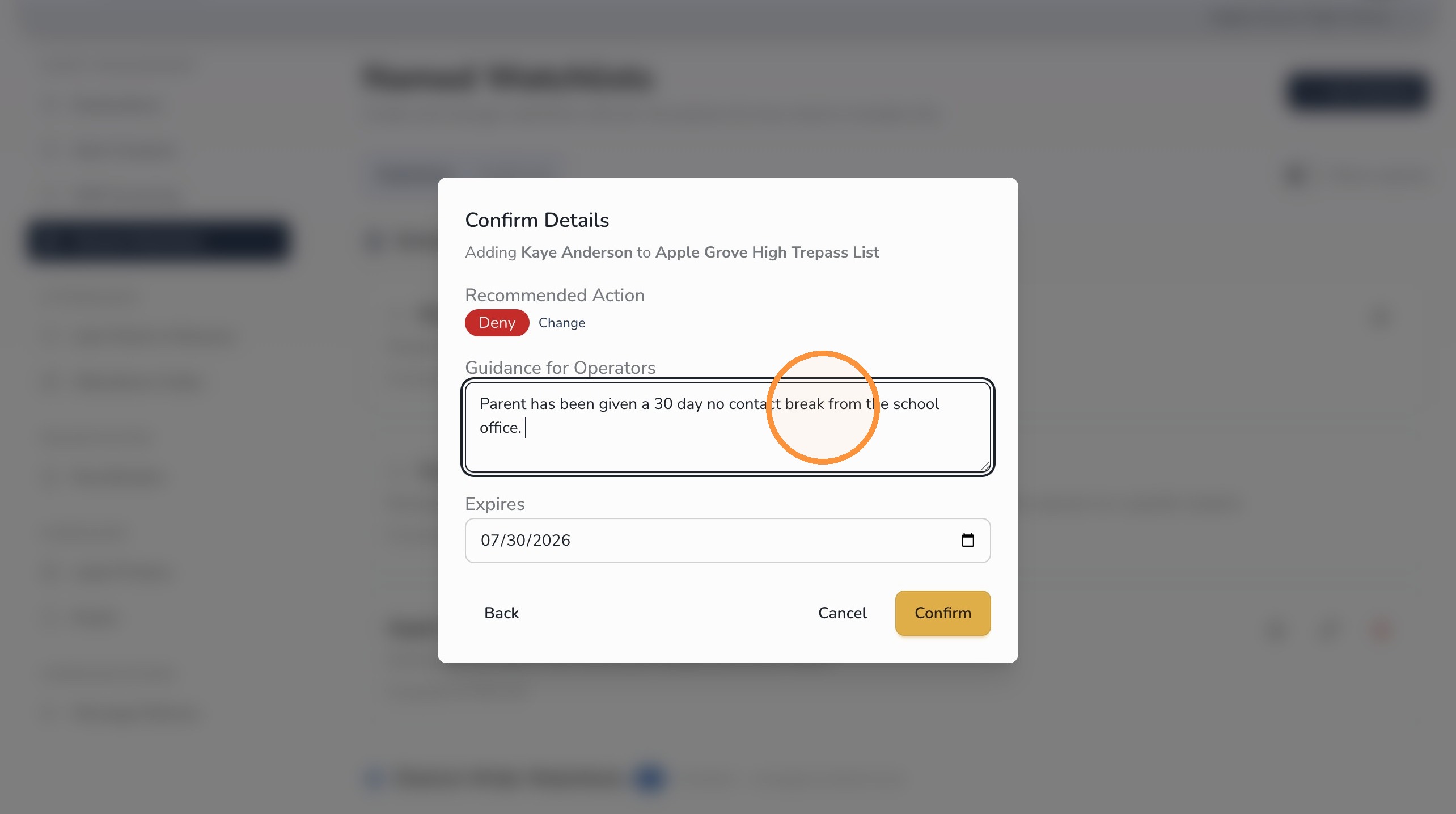 Review Watchlist person details before confirming
