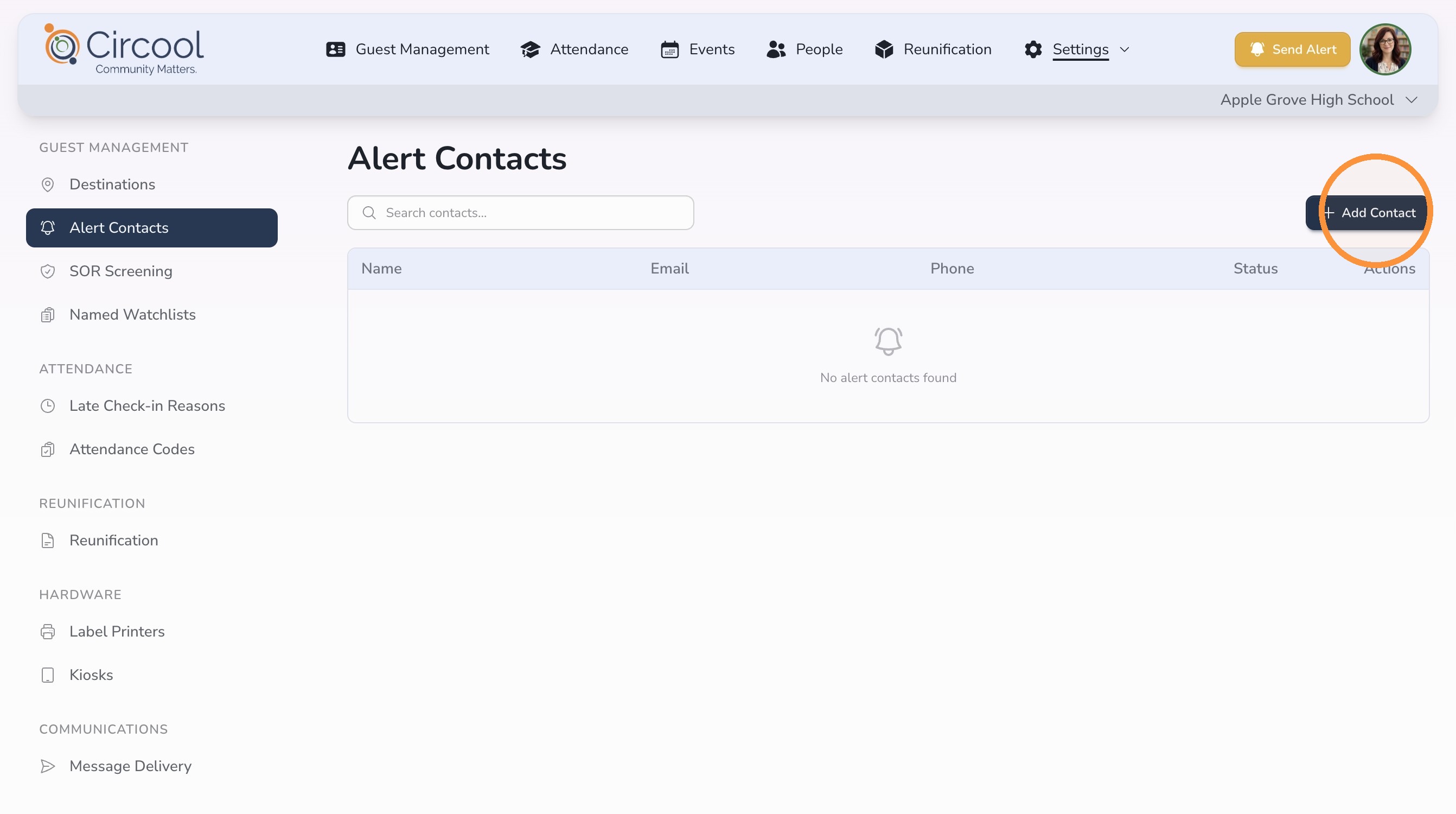 Alert Contacts settings in Circool