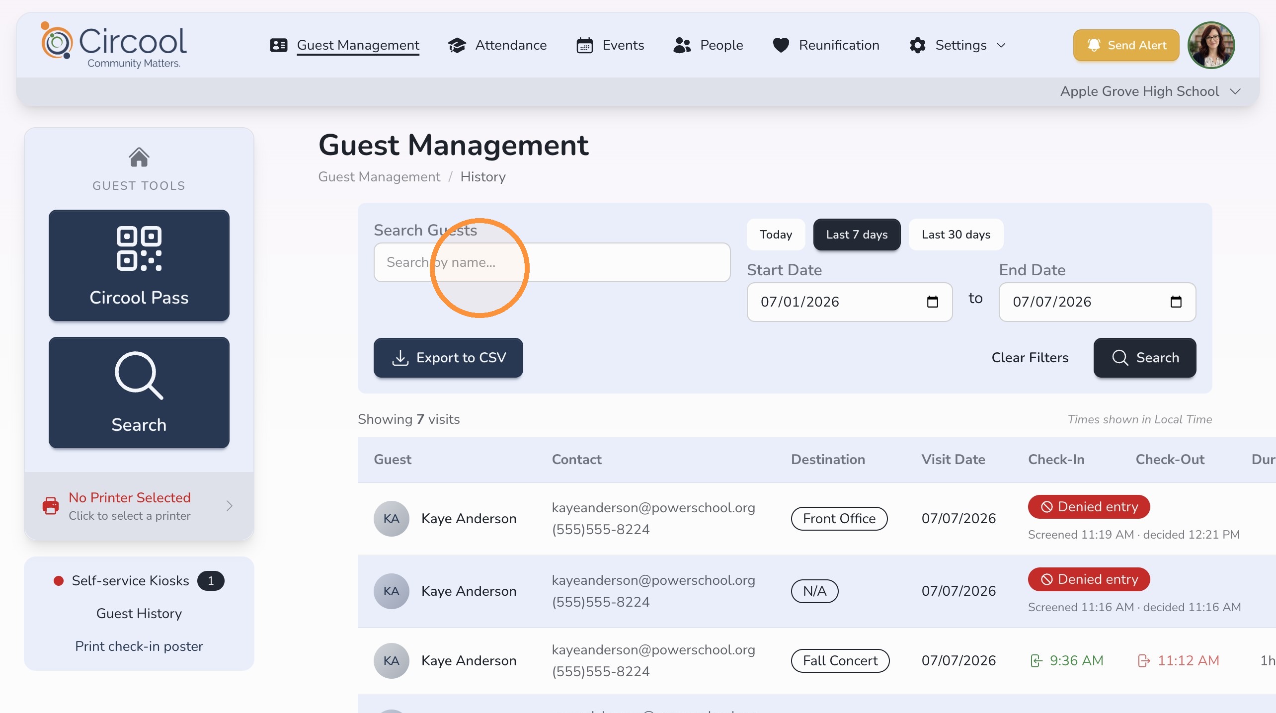 Search guest history by name