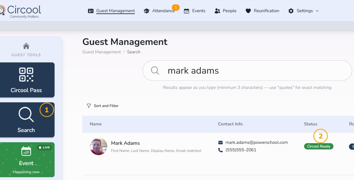 Search for a guest in Circool