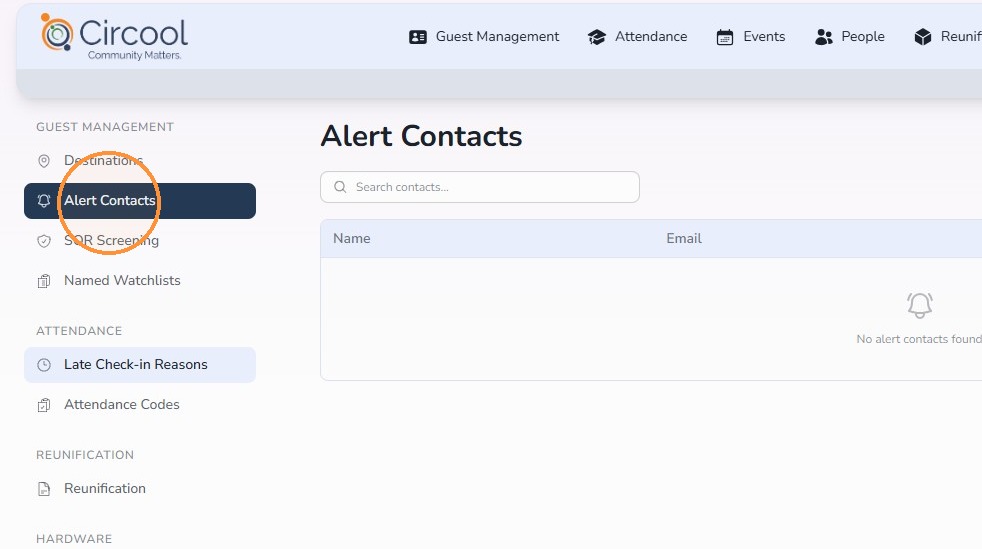 Alert Contacts settings in Circool