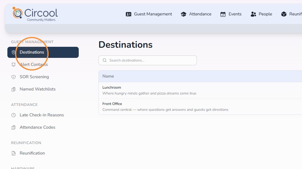 Destinations settings in Circool