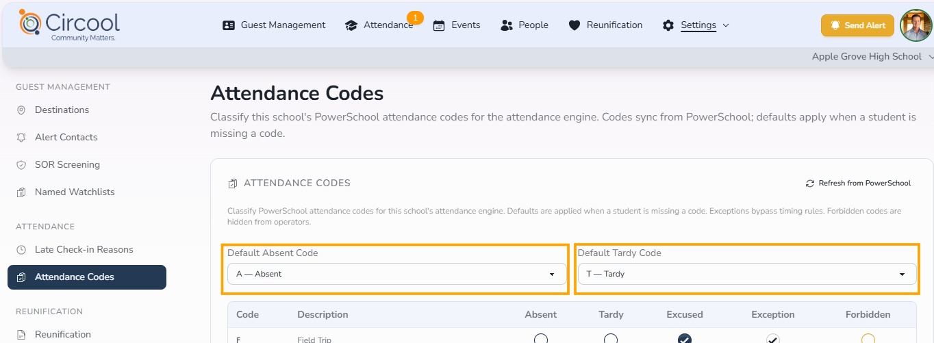 Attendance Codes settings in Circool