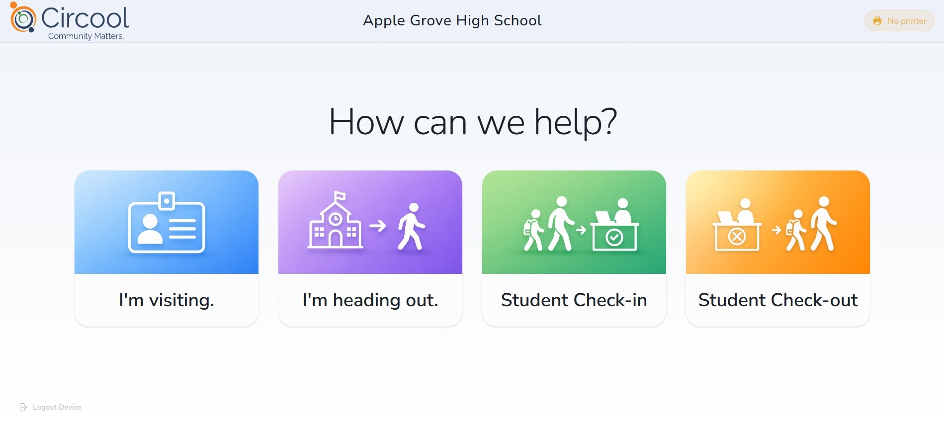Circool kiosk screen showing school name