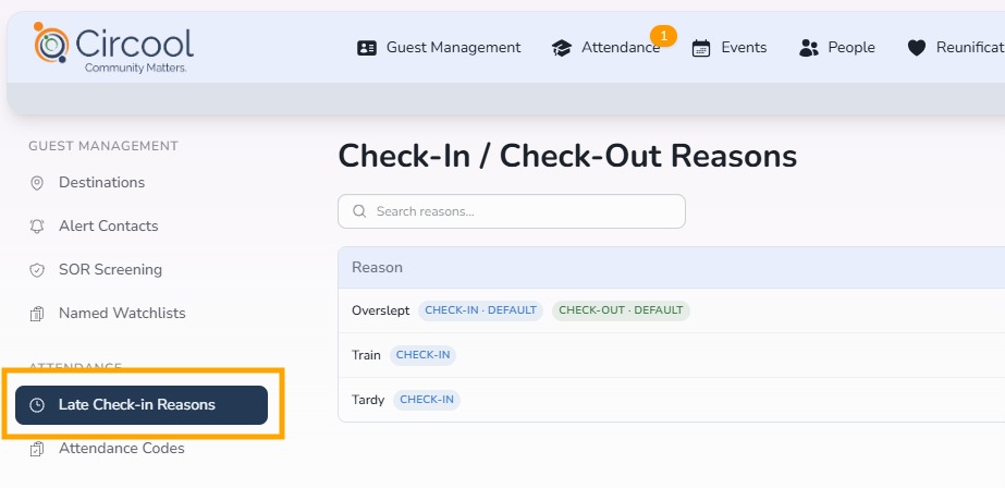 Late Check-In Reasons settings in Circool