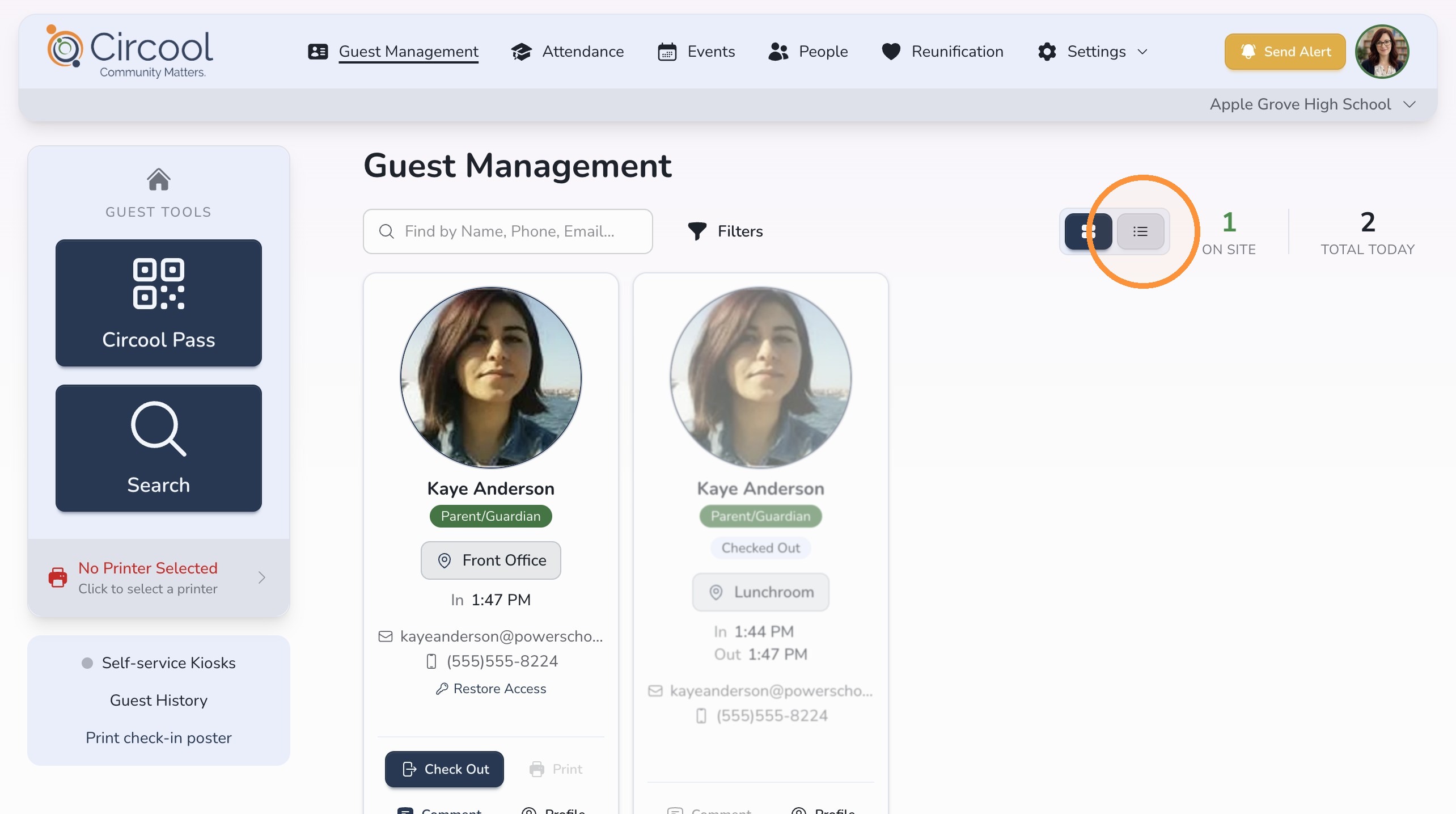 Guest Management dashboard showing checked-in guests