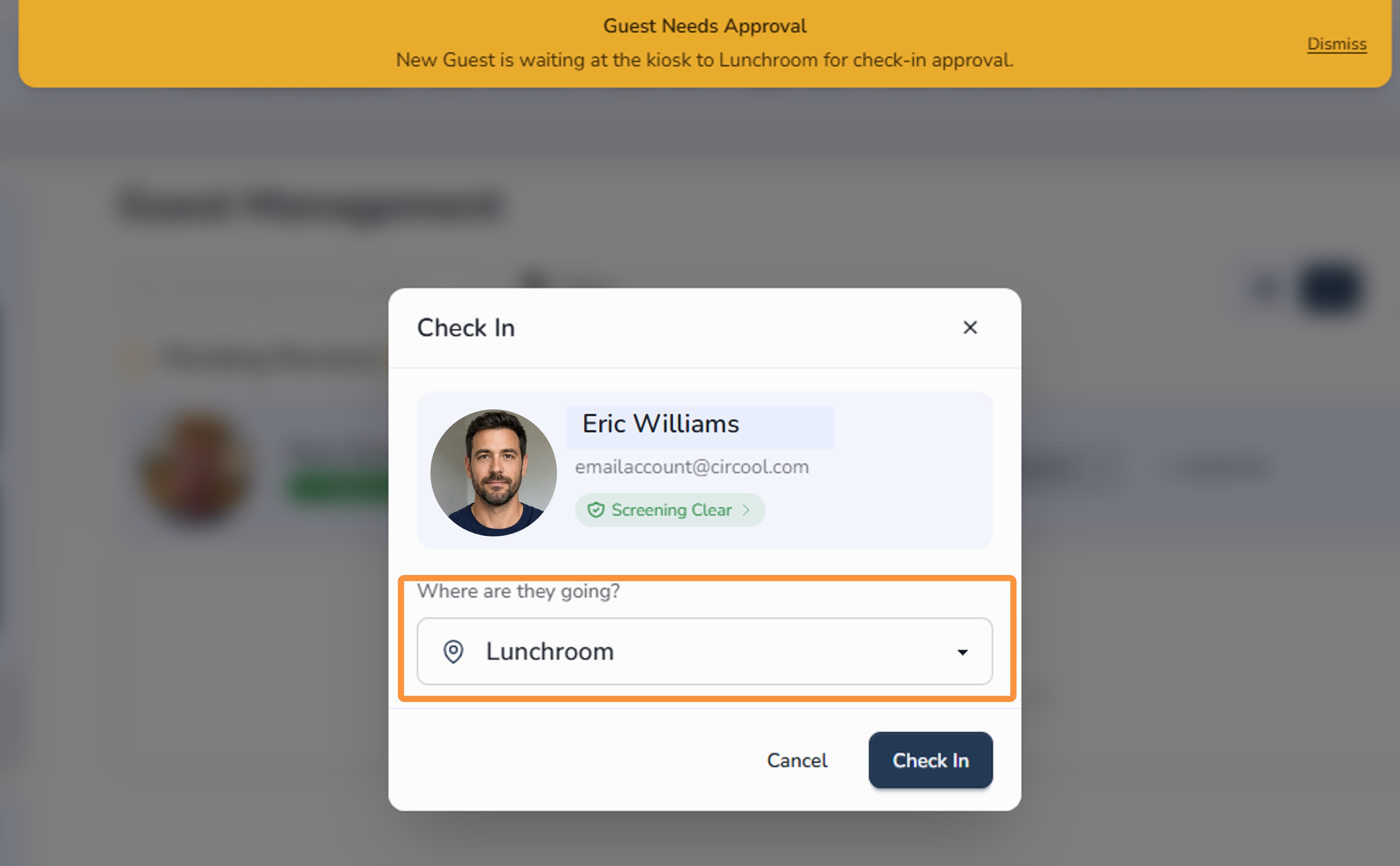 Confirm destination and check in first-time guest