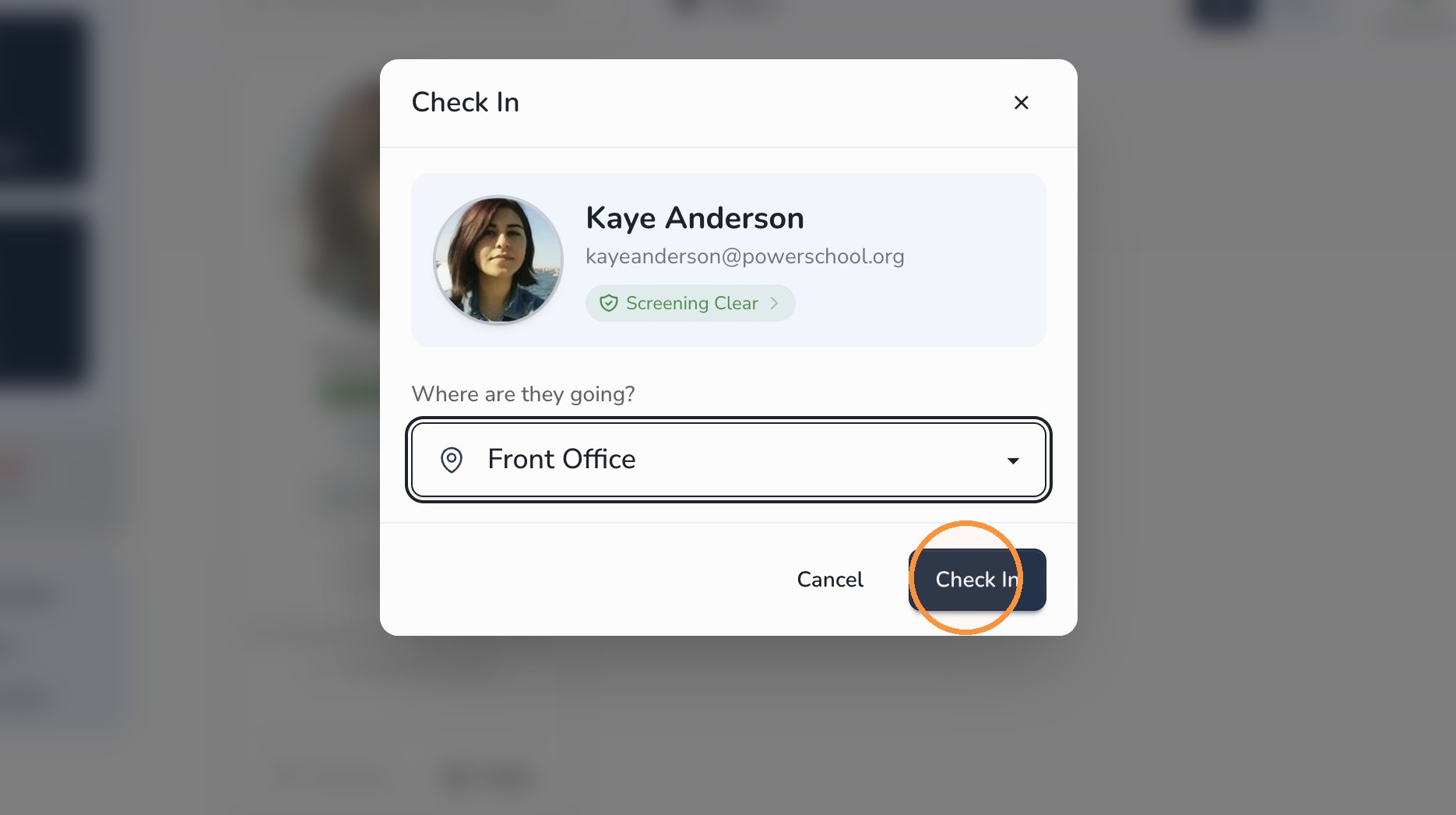 Check In button for guest visit