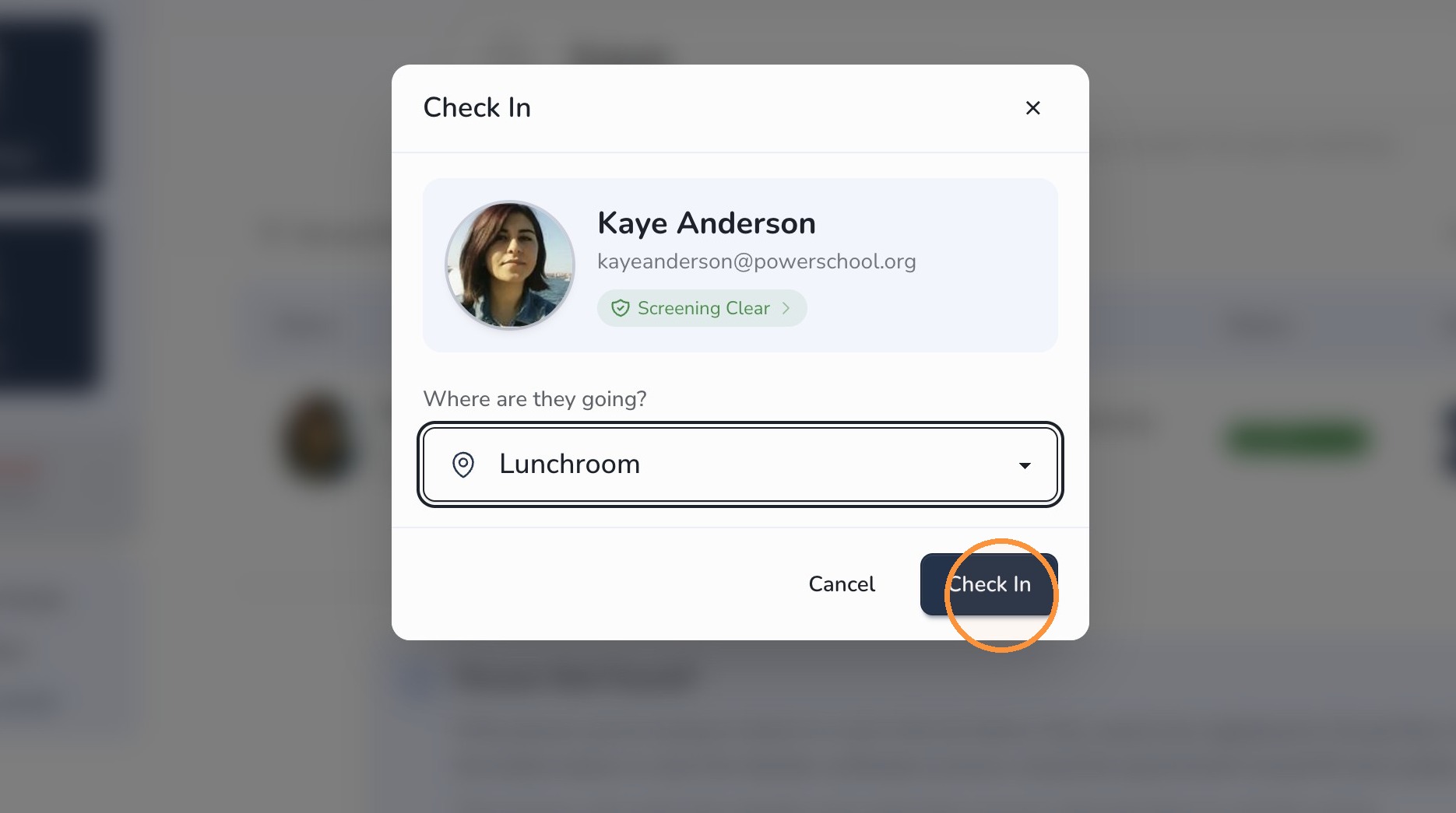 Check In button for searched guest