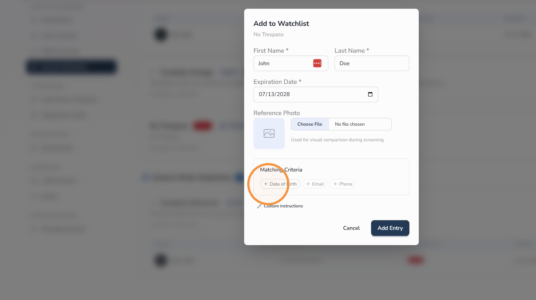 Enter date of birth for Watchlist matching