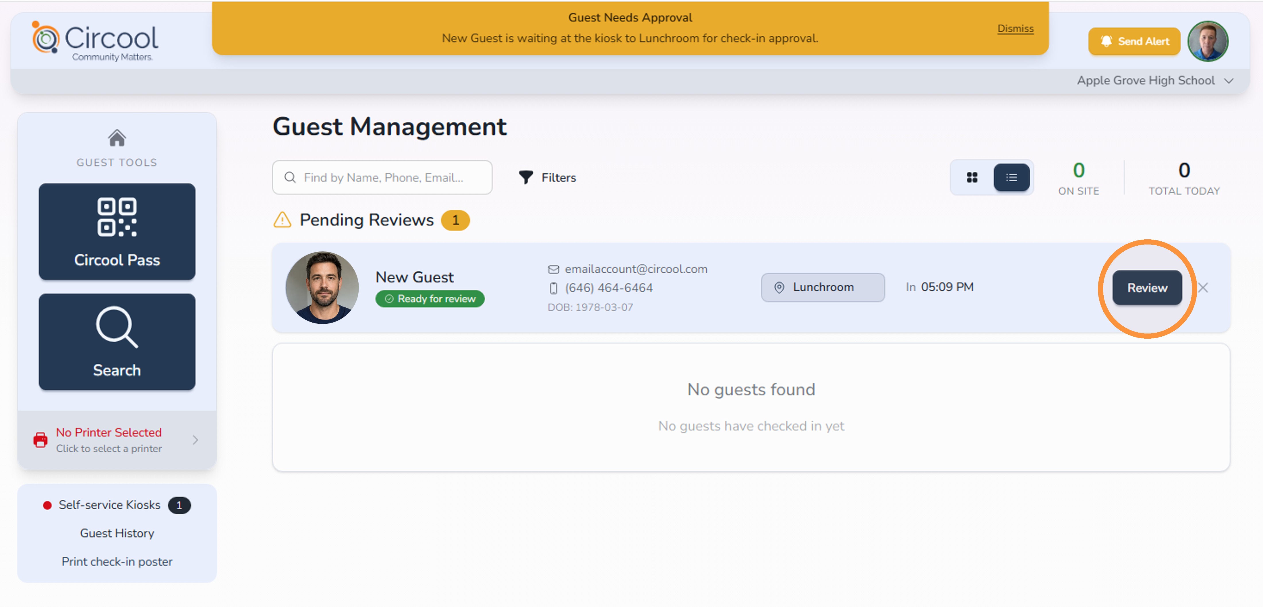 First-time guest pending review on Guest Management Dashboard
