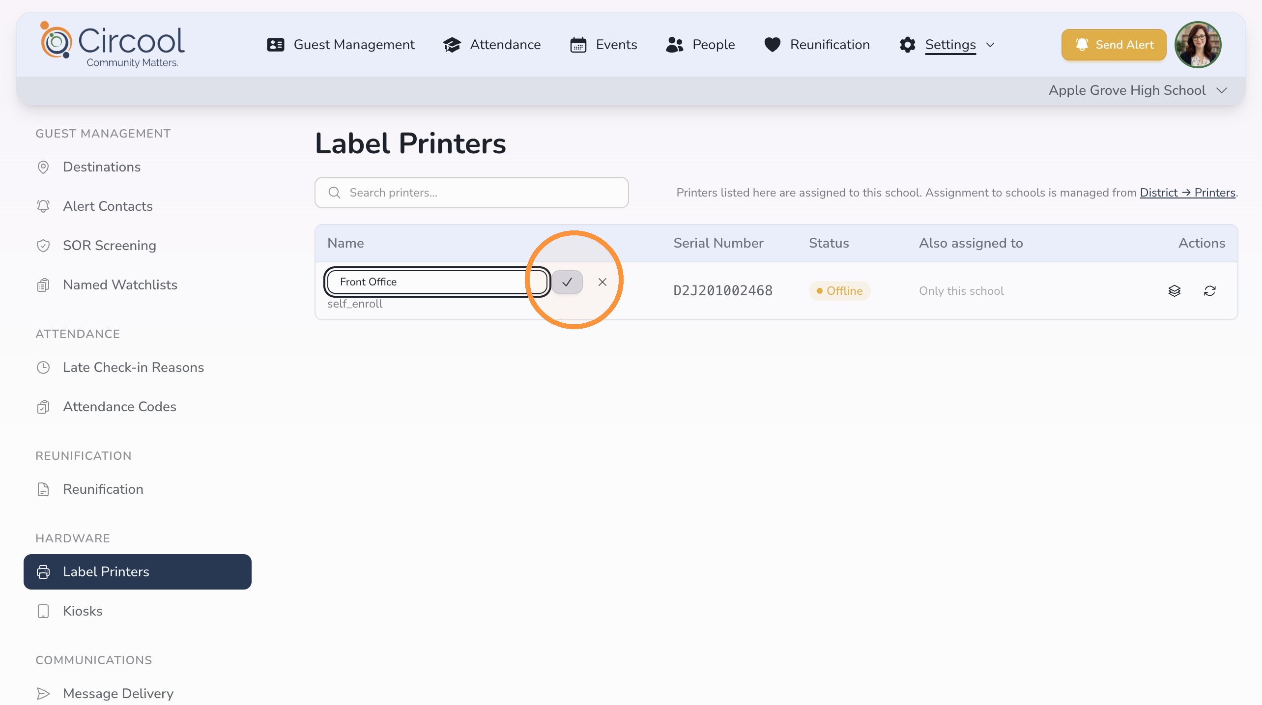Renamed printer shown in Circool hardware settings